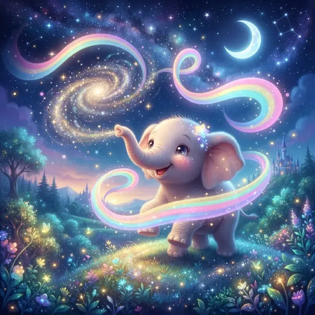 Bella Bunny with crayons beside a rainbow drawing of dinosaurs, butterflies, and rockets