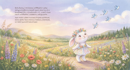 Bella Bunny with floral headband in a wildflower valley with bluebirds fluttering away