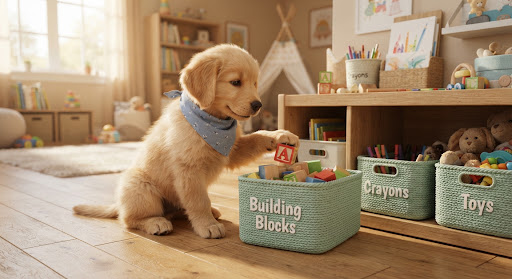 Puppy with blue bandana putting a colorful wooden block into a woven mint basket