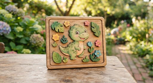 Wooden toddler jigsaw puzzle of a cute baby dinosaur on a wooden table outdoors