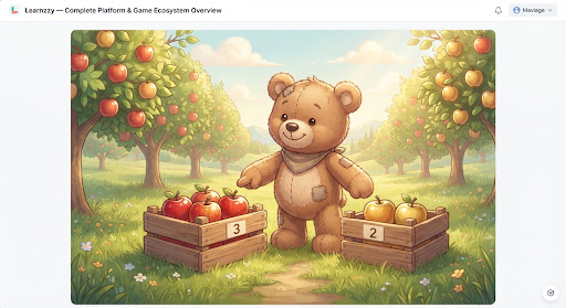 Plush teddy bear in a sunlit apple orchard with wooden crates of red apples