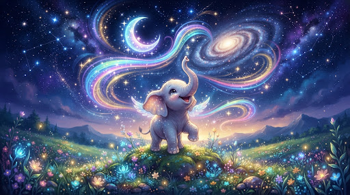 Ellie the baby elephant tracing sparkling starlight trails in a starry meadow